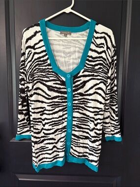 Kenar Zebra-Print Cardigan with Teal Trim Small